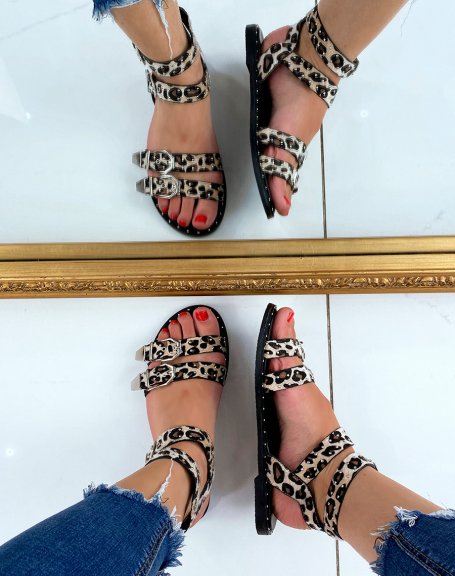 Sandales plates effet lopard noires  boucles