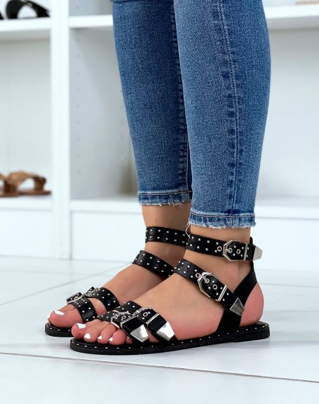 Sandales plates effet simili-cuir noires à boucles