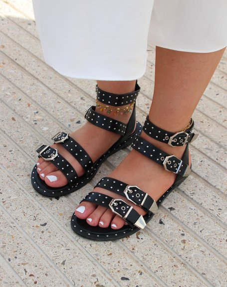 Sandales plates effet simili-cuir noires  boucles