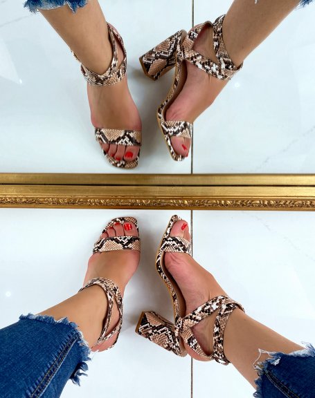 Sandals with python-effect heel and crossed straps