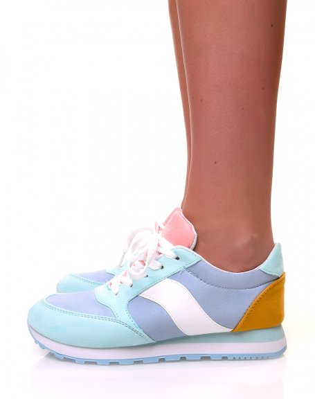 Shades of blue, pink and mustard lace-up sneakers