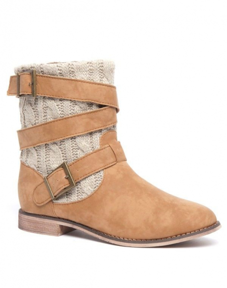 Short camel boot with textile mesh and flat heel
