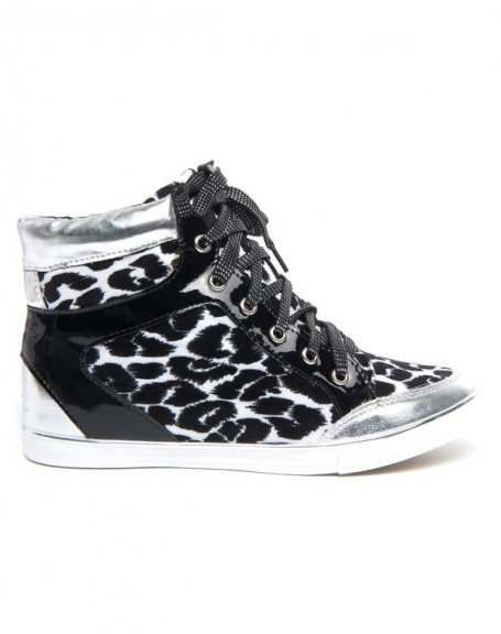 silver and black leopard print sneakers