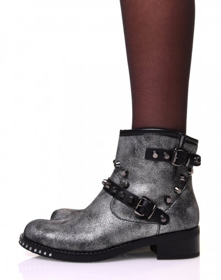 Silver ankle boots with straps adorned with studs