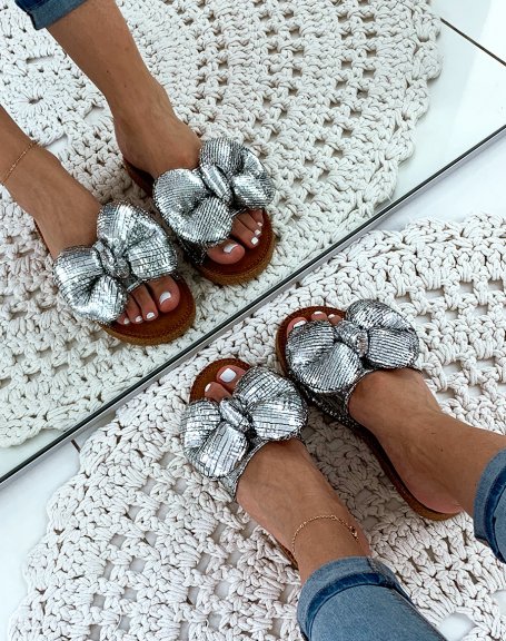Silver sandals with big puffy knot
