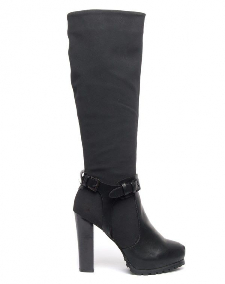 Sinly black boots, bi-material thigh-high style, high and square heel