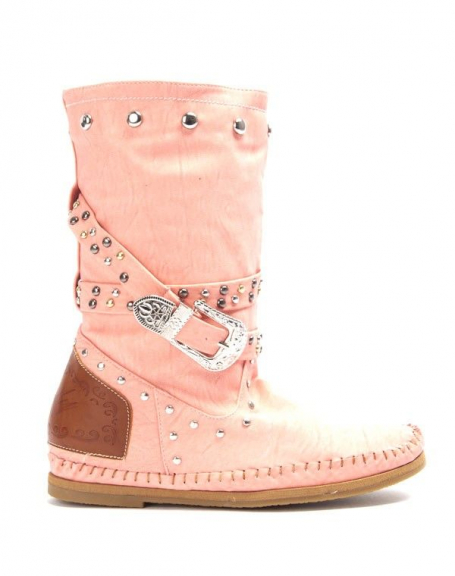 Sinly women's shoes: Flat boot adorned with pink studs