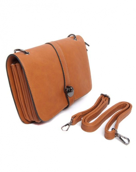 Small camel Flora & Co shoulder bag, flap on three interior compartments