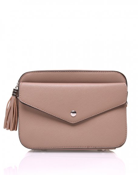 Small taupe textured shoulder bag with tassel closure