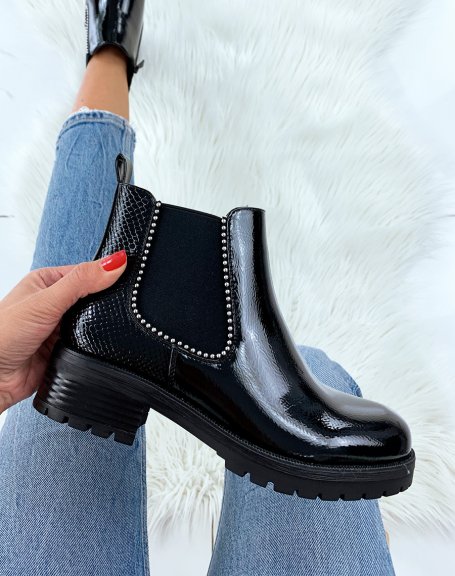 Smooth black patent croc-effect ankle boots with studs