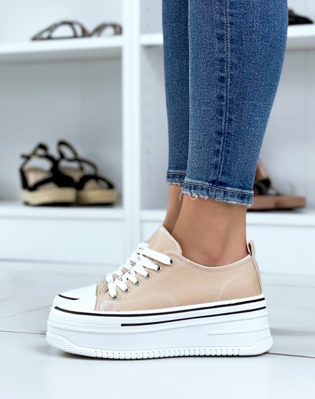Sneakers in beige fabric and thick sole