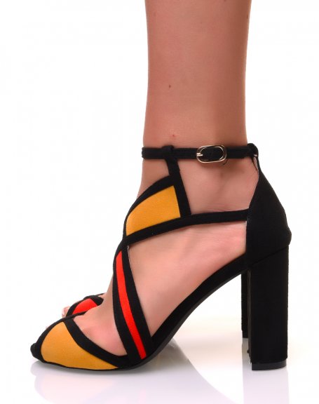 Suede block heel sandals with colored inserts