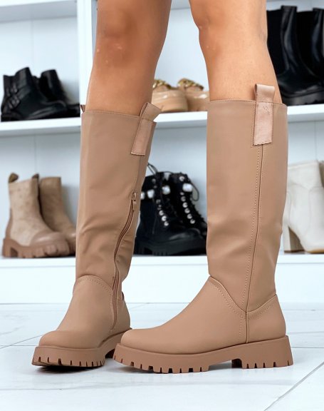 Tall dark beige rubber boots with fabric insert