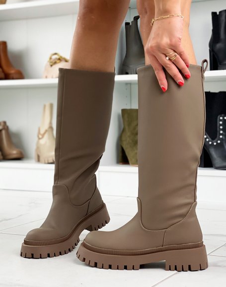 Tall dark brown gummed boots with chunky sole