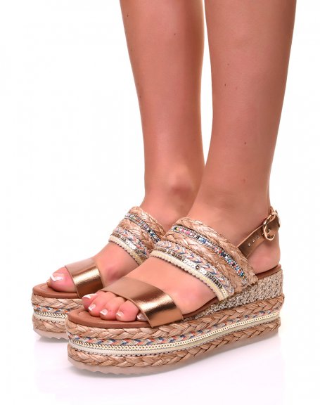 Tan and wicker wedge sandals