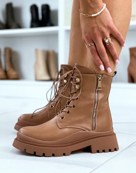 Tan ankle boots with notched sole