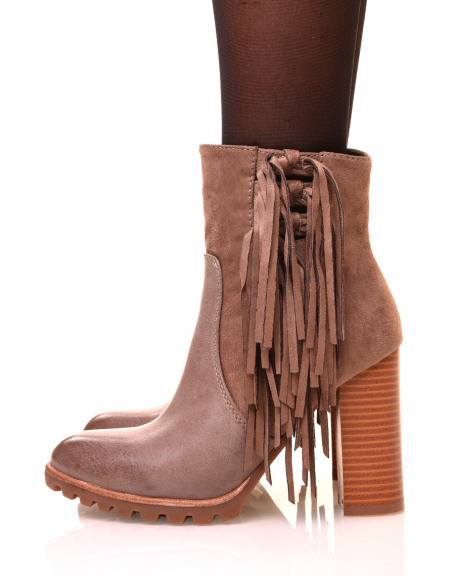 Taupe ankle boots with fringes and high heels
