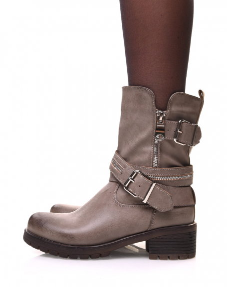 Taupe ankle boots with multiple straps & zipped details