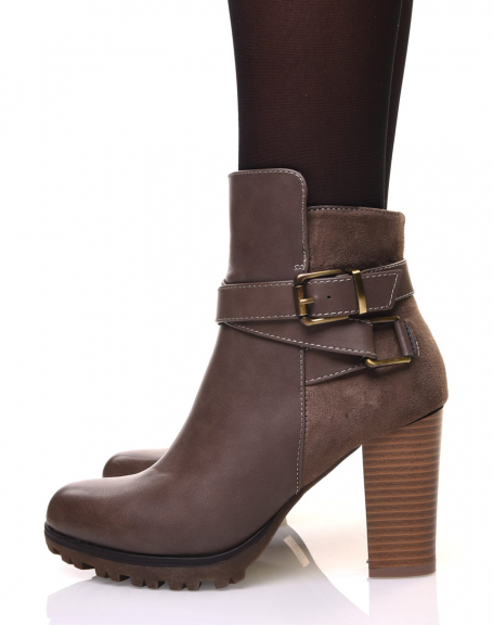 Taupe bi-material ankle boots with high heel