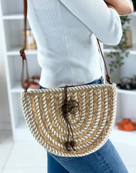 Two-tone woven straw messenger bag