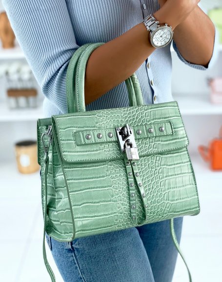 Water green croc-effect bag with multiple pockets