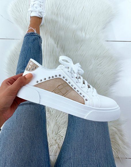 White and beige croc-effect studded sneakers