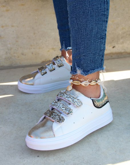 White and gold sneakers with velcro