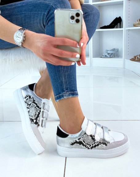 White and gray sneakers with python effect velcro