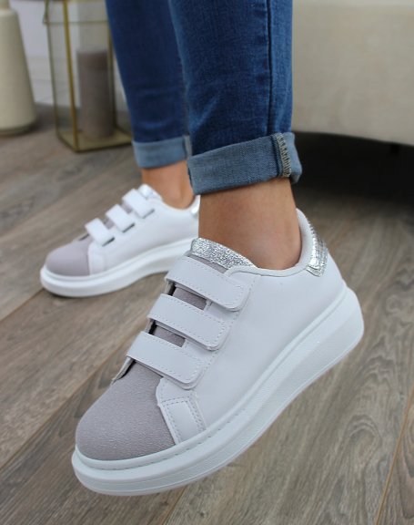 White and gray sneakers with velcro and silver insert