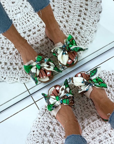 White and green mules with wide straps and scarf detail