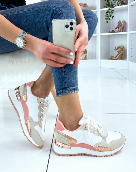 White and pink multi-panel sneakers