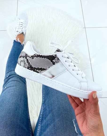 White and snake print flat sneakers