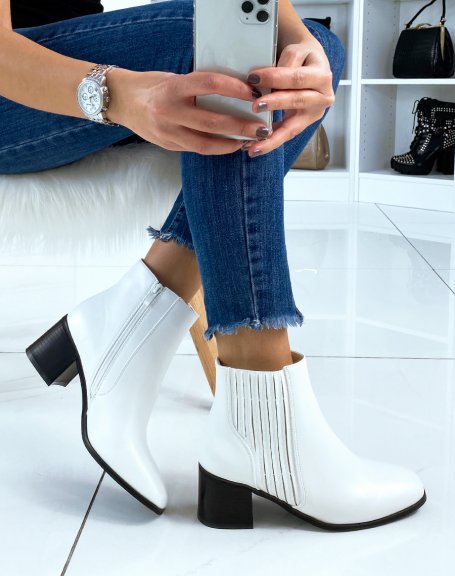 White ankle boots with black heel with square toe