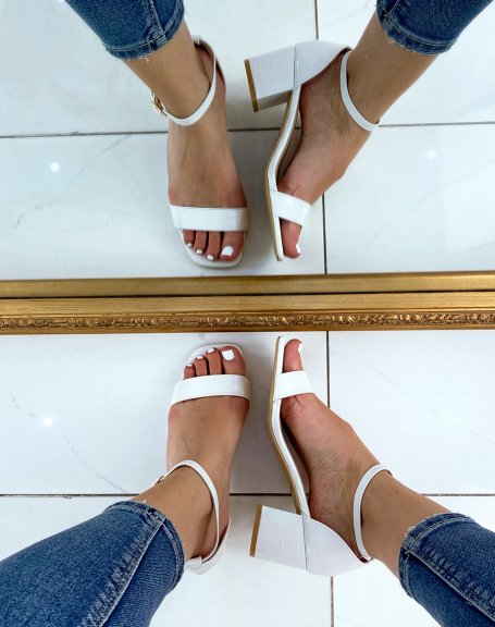 White croc-effect low-heeled sandals