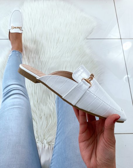 White crocodile-style moccasin-style mules with straps