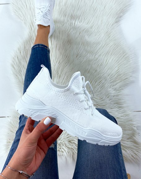 White fabric sneakers with white sole