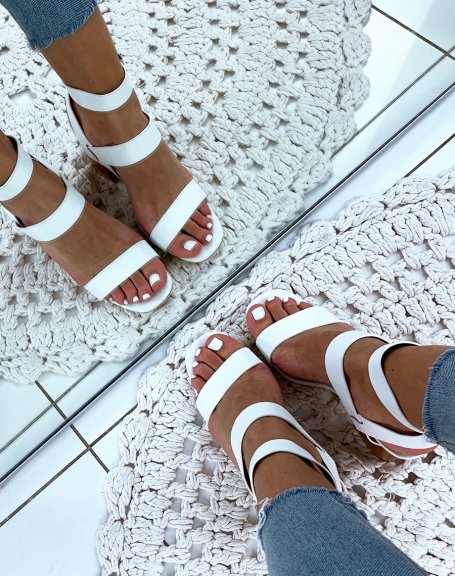 White faux leather block heel multi-strap sandals