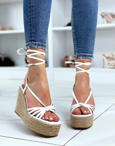 White Faux Leather Lace Up Wedges
