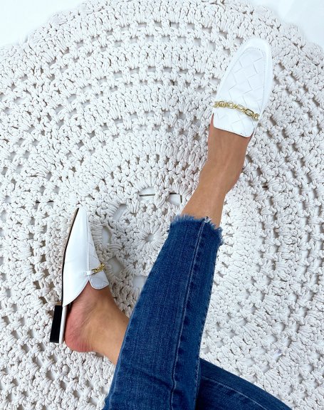 White faux leather moccasin mule