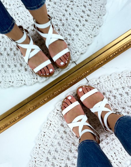 White faux leather slippers with multiple straps