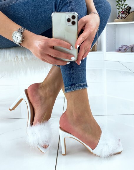White feather heeled mules