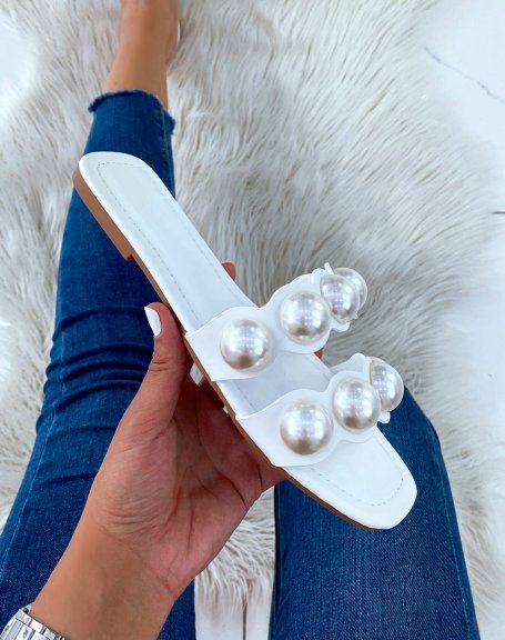 White flat mules with double straps and white pearls
