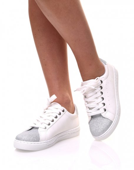 White glitter bi-material sneakers