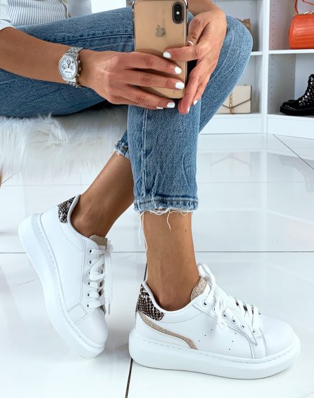 White gold sneakers with python effect with chunky sole