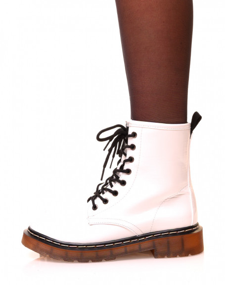 White high-top patent lace-up ankle boots