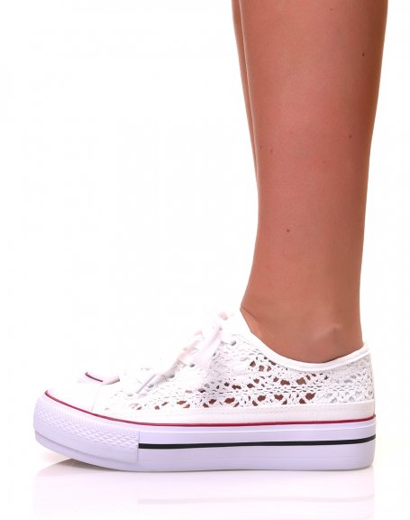 White lace-effect openwork sneakers with platforms
