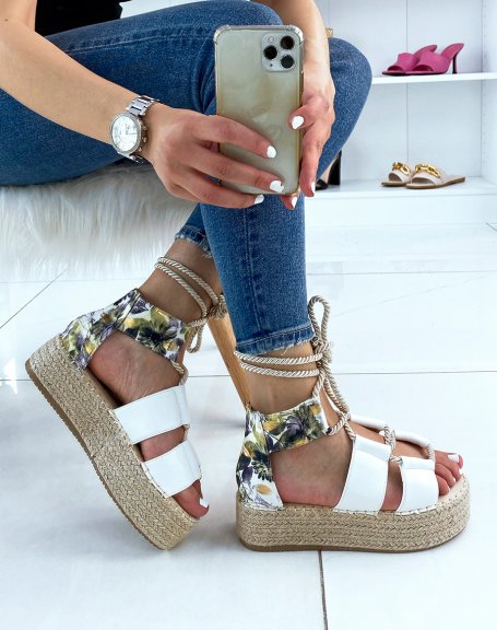 White lace-up wedges and hessian sole
