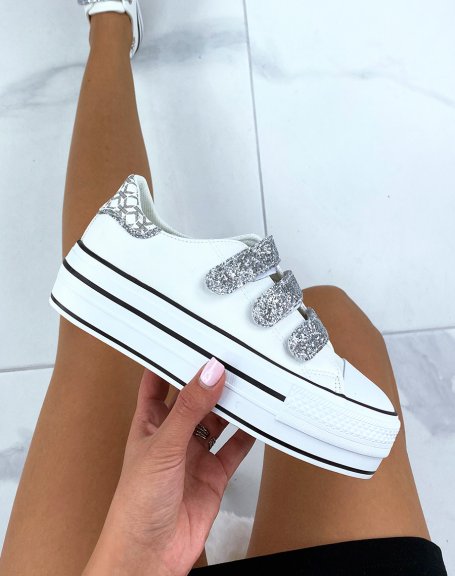 White low top sneakers with silver glitter Velcro and chunky sole