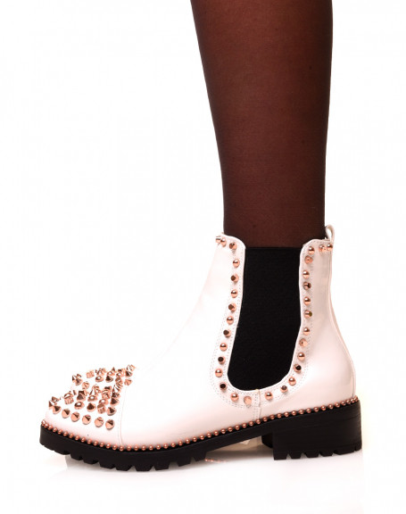 White patent openwork studded Chelsea boots