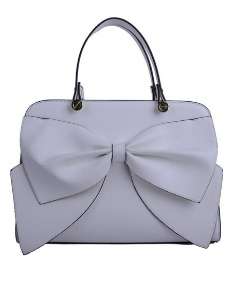 White rigid handbag with big bow on the front